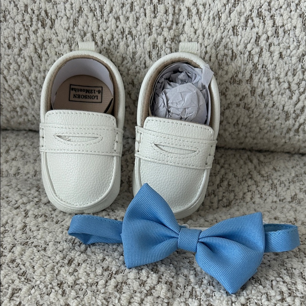 BRAND NEW! Kids White Loafers with Blue Bow Tie